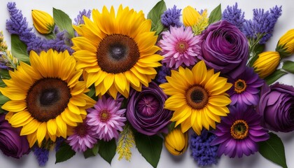 A Vibrant Arrangement Of Sunflowers And Purple Flowers With Green Leaves