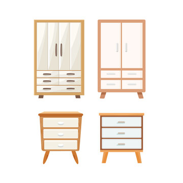 Set of a chest of drawers and a wardrobe. Flat vector clipart, illustration with isolated background.