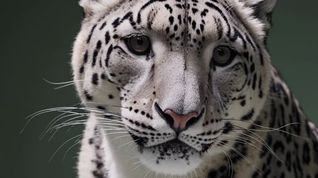 Majestic snow leopard locking gaze with the camera, head slightly turned and blinking slowly  extreme close up reveals dense spotted fur, whiskers and intense eyes