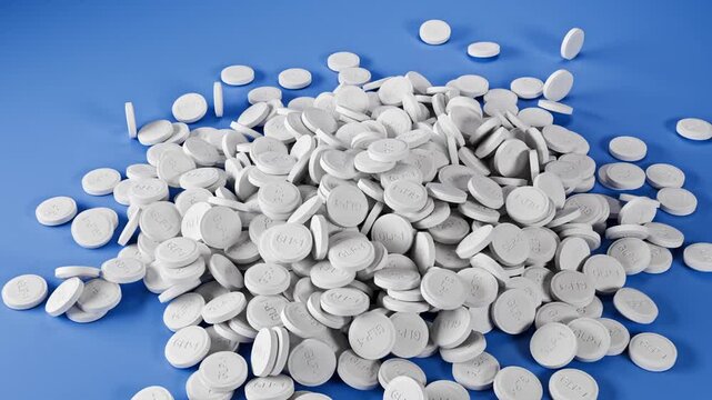 Weight loss pills available: A large amount of GLP-1 pills falling onto a blue background. Camera moving up