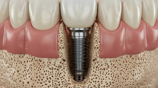 Medically accurate 3d animation showing the installation of a dental implant screw into the jawbone, followed by the attachment of a crown, illustrating a tooth replacement process