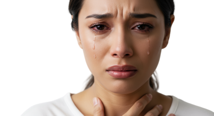 Woman with neck pain and sweat on face, Isolated On Transparent Background
