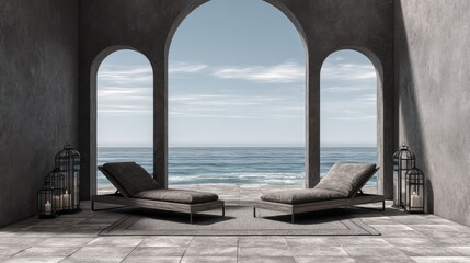 Relaxing lounge chairs framed by arches overlooking the ocean landscape