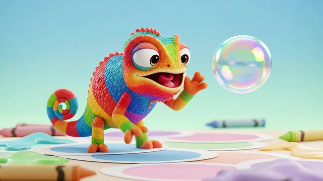 Adorable rainbow chameleon character playfully interacting with a floating soap bubble, trying to catch it with its long tongue in a colorful, whimsical setting with crayons and paint