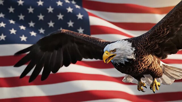 Majestic bald eagle flying gracefully in slow motion with its wings spread wide against a waving american flag background, symbolizing freedom, patriotism, power, and national pride