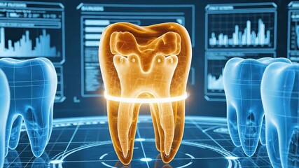 Futuristic medical interface showing a high tech dental scan, analyzing the structure of a molar tooth with detailed graphics and data for diagnosis and treatment planning in modern orthodontics