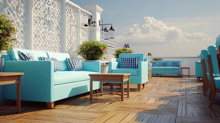 Outdoor patio with turquoise furniture and wooden flooring on a sunny day