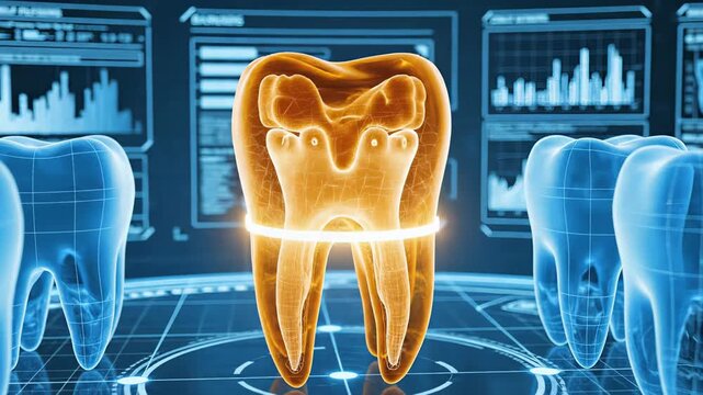 Futuristic medical interface showing a high tech dental scan, analyzing the structure of a molar tooth with detailed graphics and data for diagnosis and treatment planning in modern orthodontics