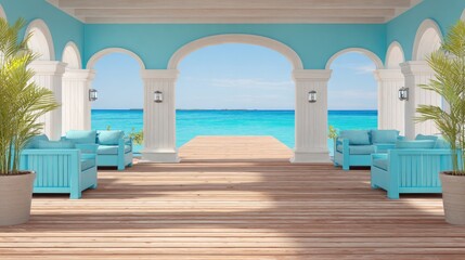 Coastal lounge area with turquoise furniture and ocean view