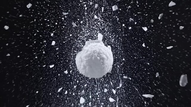 Perfect snowball exploding in super slow motion. White icy particles bursting and splashing after a powerful impact on a black background