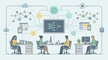 Diverse team collaborating on innovative tech project in modern office