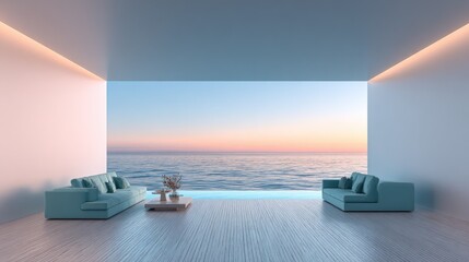 Modern living room with ocean view during sunset serene and peaceful