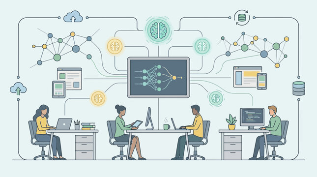 Diverse team collaborating on innovative tech project in modern office - Powered by Adobe