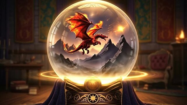 A magical crystal ball showcasing a vibrant fantasy landscape.
