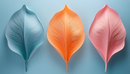 Three Vibrant Abstract Flower Petals In Pastel Shades Of Pink Orange And Teal Hover Against A Soft Lavender Blue Background The Petals Are Fluid Flowing Forms With Smooth