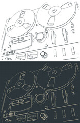 Reel to reel tape recorder drawings close-up