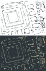 Video card's PCB and its components close up isometric drawings