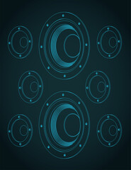Speakers of various sizes isometric blueprints