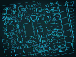 Video card's PCB and its components close-up isometric blueprint