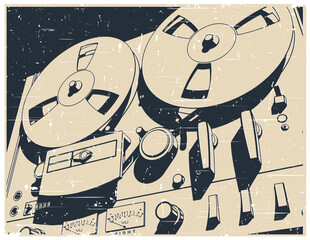 Vintage reel to reel tape recorder close-up retro poster