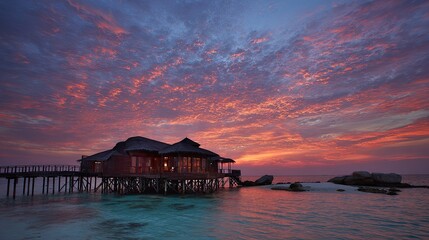 Stunning sunset view of wooden house on stilts over calm ocean water