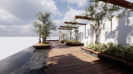 Modern terrace design with trees and water feature under a cloudy sky