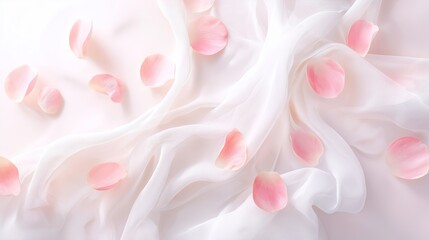 Delicate pink rose petals scattered on soft white fabric background  