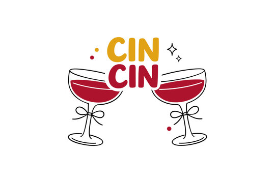 Celebratory toast with two red wine glasses and cin cin text design