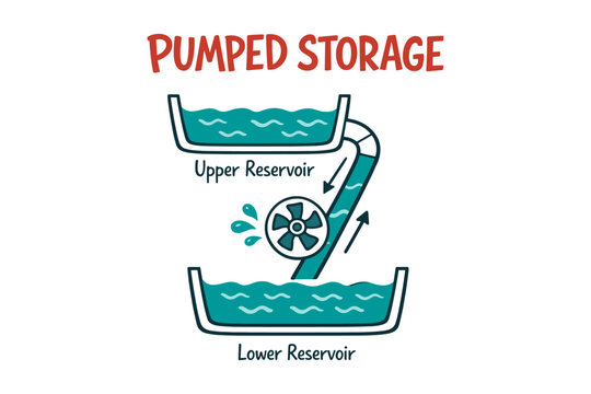 Pumped storage diagram: upper and lower reservoir system with turbine flow