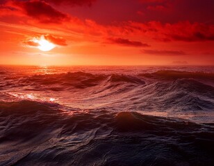 dramatic red ocean waves seascape hazy sky textured water surface