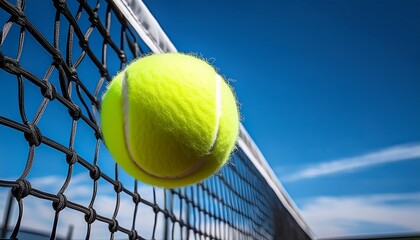 dynamic close up of a vibrant tennis ball in mid flight against a bright blue sky and netting