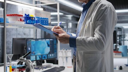 Man handwriting notes on clipboard for research study results in a chemistry lab, researcher...