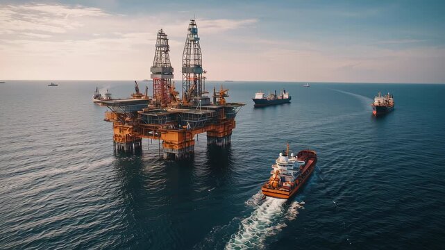 Offshore oil drilling platform with support vessels operating in open sea under clear sky and calm water