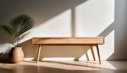 minimalist wooden furniture piece casts long shadows in a brightly lit interior space