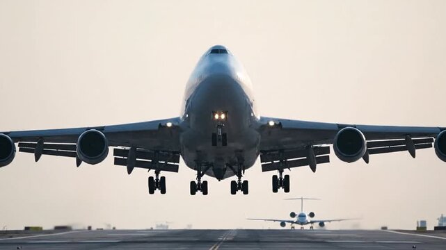 An airplane landing on a runway under a clear sky.