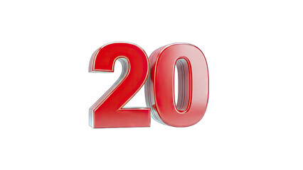 3D Red Number 20 on transparent background