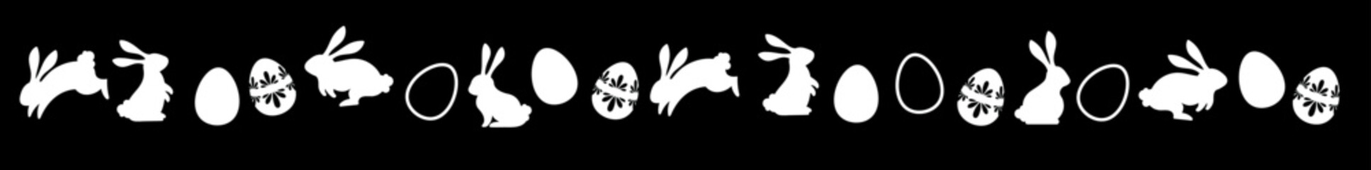Easter border silhouette with rabbits and decorated eggs. Seamless horizontal garland divider for spring holiday design. Black vector icons isolated on white background