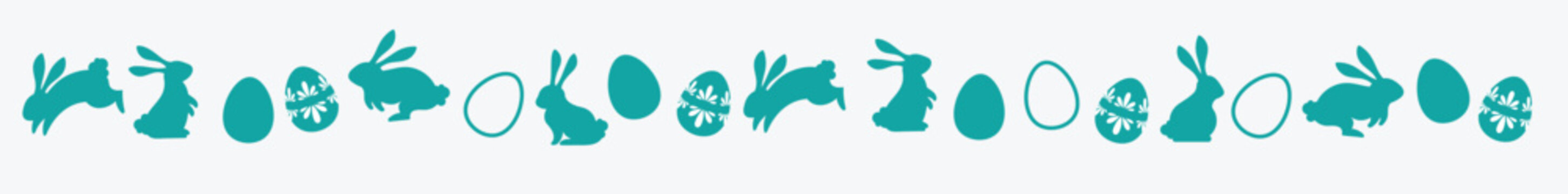 Easter border silhouette with rabbits and decorated eggs. Seamless horizontal garland divider for spring holiday design. Black vector icons isolated on white background