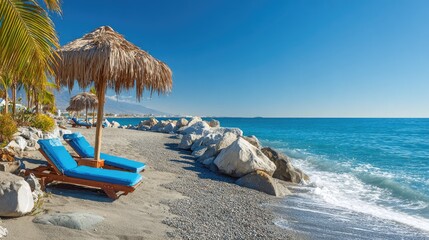 Beach scene with lounge chairs umbrella and clear blue ocean under sunlight