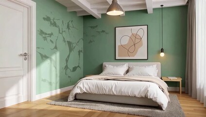 Cozy green themed bedroom with modern minimal decor daytime.