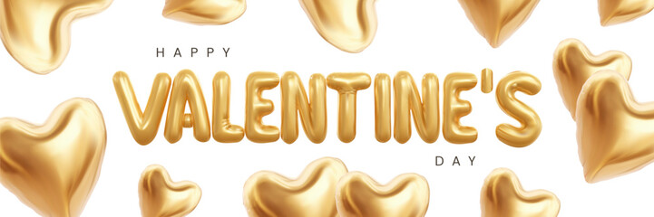 Vector banner for Happy Valentine's Day with golden balloon text and hearts on white background.