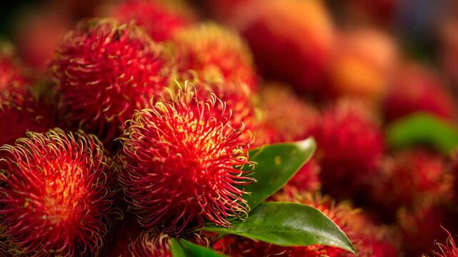 Heap of fresh red rambutan fruits with green leaves close up showing hairy skin texture.