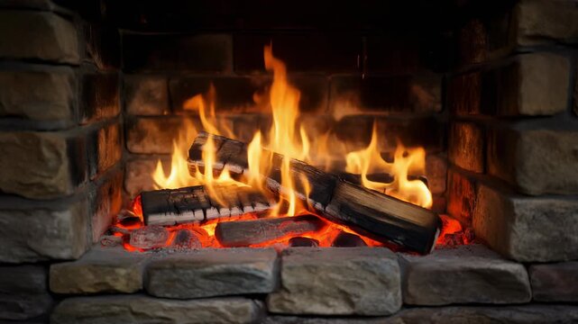Warm orange flames and glowing red heat consume a seasoned wood log in a dark fireplace, creating a bright blaze of yellow light against the black night