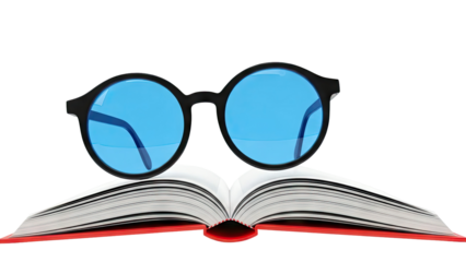 Round Blue Lens Glasses on an Open Book