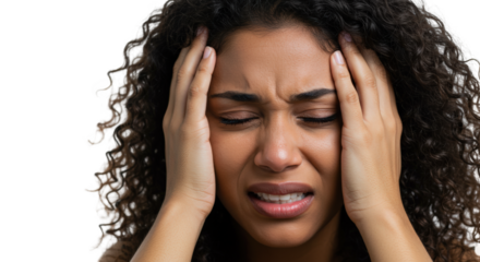 Stressed woman with headache and curly hair, frustrated face expression, Isolated On Transparent Background