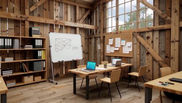 Creative rustic workshop office with whiteboards and laptops for planning.