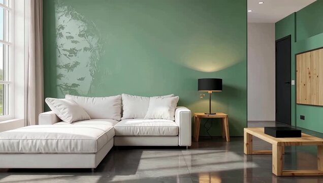 Bright Modern Green Living Room Interior With Sofa And Table.