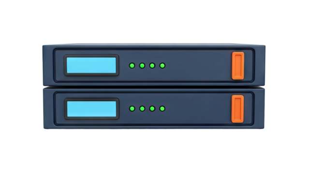 Two Stacked Blue Servers with Status Lights and Displays - Powered by Adobe