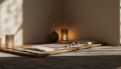 Obraz premium Serene meditation space with warm lighting and natural textures