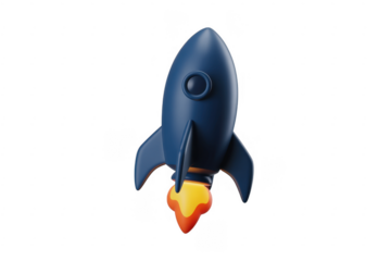 Blue rocket ship with orange flames isolated isolated on a transparent background
